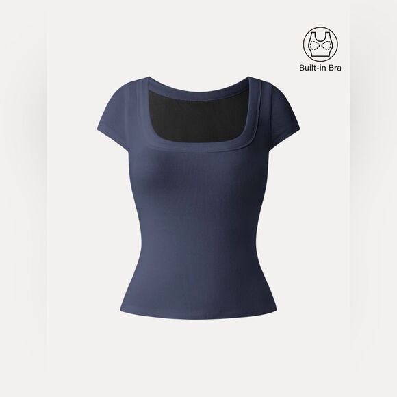 NWT OGL Plantive® Stretch Cotton Square Neck Cap Sleeve Brami - Navy Size L - Picture 1 of 12